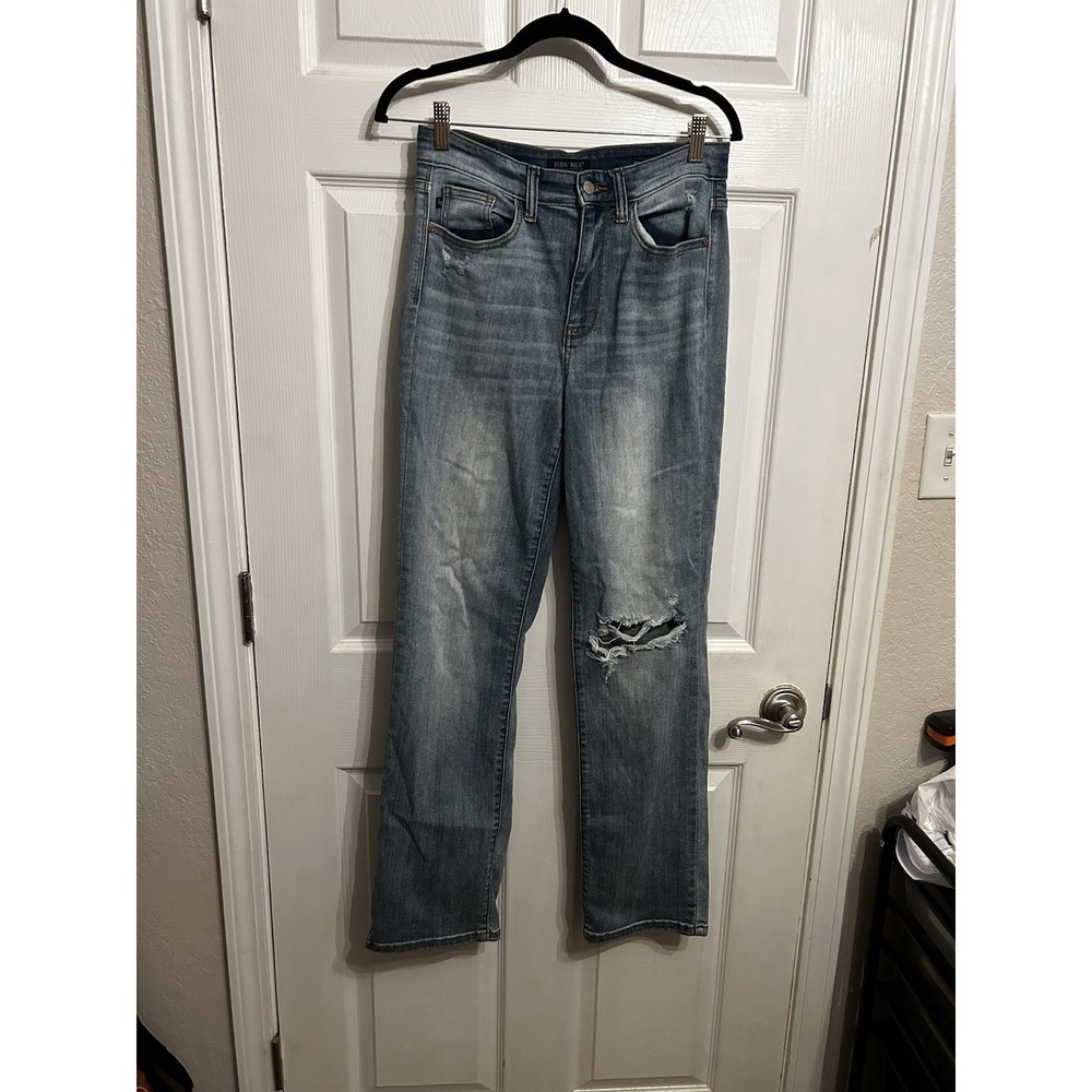 Judy Blue‎ 5/27 Straight Fit Stretch Jeans Medium Wash Distressed Zipper Pocket